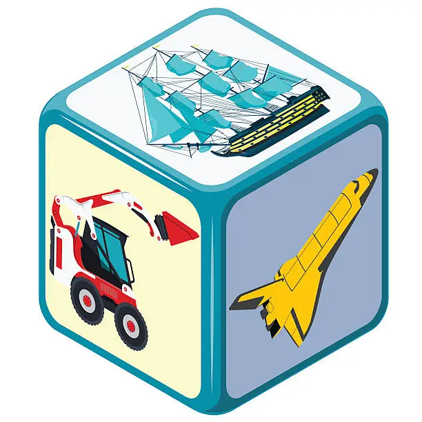 Vector illustration of Playing isometric dice with means of transport, truck, boat, spaceshuttle.