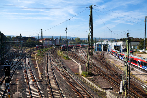 Aachen, Germany - October 3, 2011: Aerial view of tracks, train and depot in station Aaachen. View to Belgium.