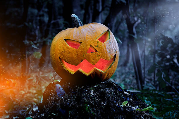 istock Glowing Pumpkin in the forest. Jack O Lantern for Halloween 520177136