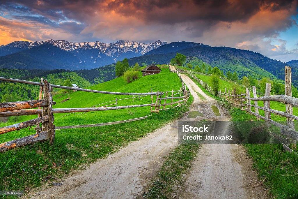 Stunning alpine rural landscape near Brasov,Transylvania,Romania,Europe Spectacular summer alpine landscape with green fields and high snowy mountains,Bran,Transylvania,Romania,Europe Romania Stock Photo