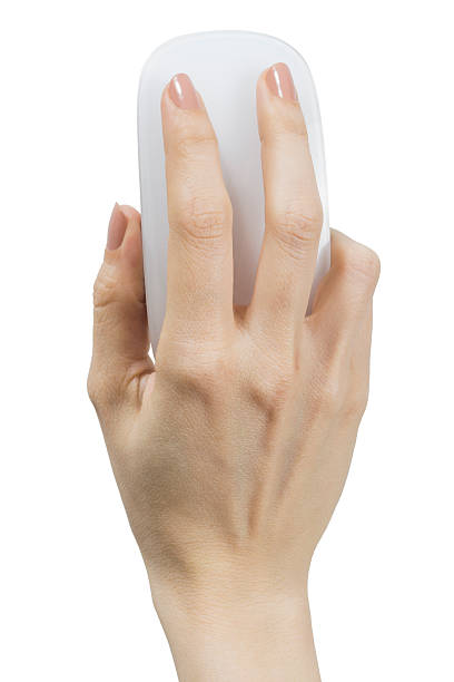 mujeres manos sosteniendo el moderno toque ratón inalámbrico de vidrio - double click fotos fotografías e imágenes de stock