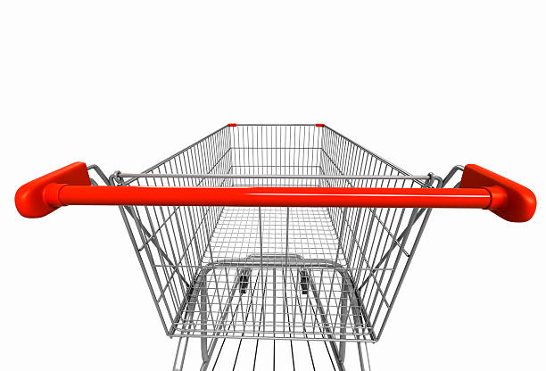 Closeup wide angle image of shopping cart rear view on white isolated background. 3d render