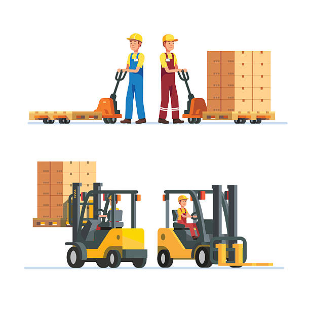 Warehouse workers working with forklifts Warehouse workers working with forklifts and hand lifts. Loading and unloading goods cardboard boxes on pallets. Modern flat style vector illustration isolated on white background. warehouse clipart stock illustrations