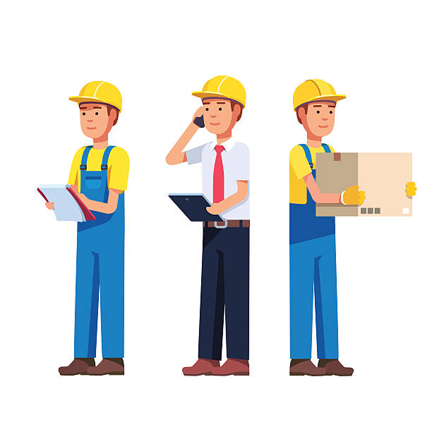 Warehouse and delivery or building worker Warehouse and delivery or building worker. Foreman, manager and delivery job. Modern flat style vector illustration isolated on white background. superintendent stock illustrations