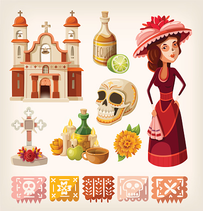 Set of items for day of the dead and calavera de la Catrina