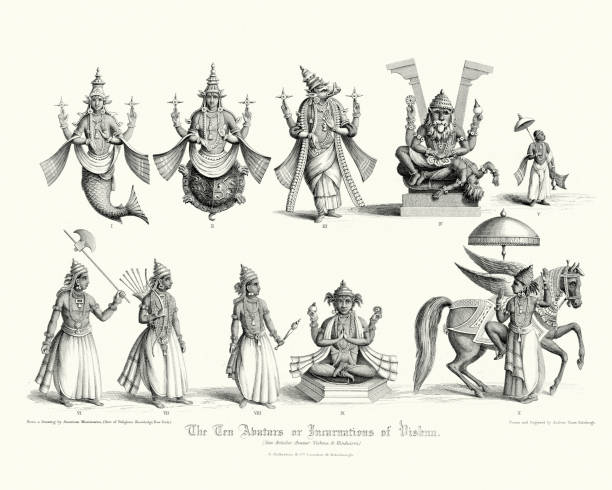 ilustraciones, imágenes clip art, dibujos animados e iconos de stock de los diez avatars o incarnations de vishnú - indian god