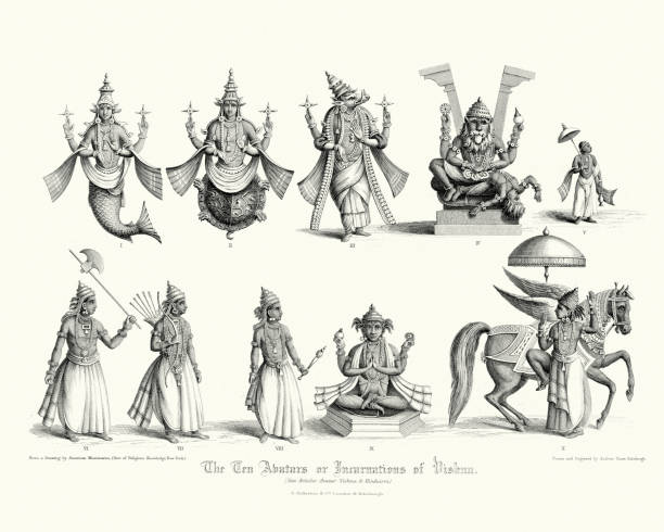 The Ten Avatars or Incarnations of Vishnu The Ten Avatars or Incarnations of Vishnu. 1. Matsya 2. Kurma 3. Varaha 4. Narasimha 5. Vamana 6. Parashurama 7. Rama 8. Krishna 9. Buddha 10. Kalki. Print from The Faiths of the World, a Dictionary of All Religions and Religious Sects Their Doctrines, Rites, Ceremonies and Customs. 1860 ramayana stock illustrations