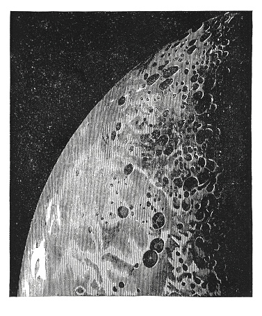 19-th century illustration of a piece of the moon - illuminated edge. Published in 