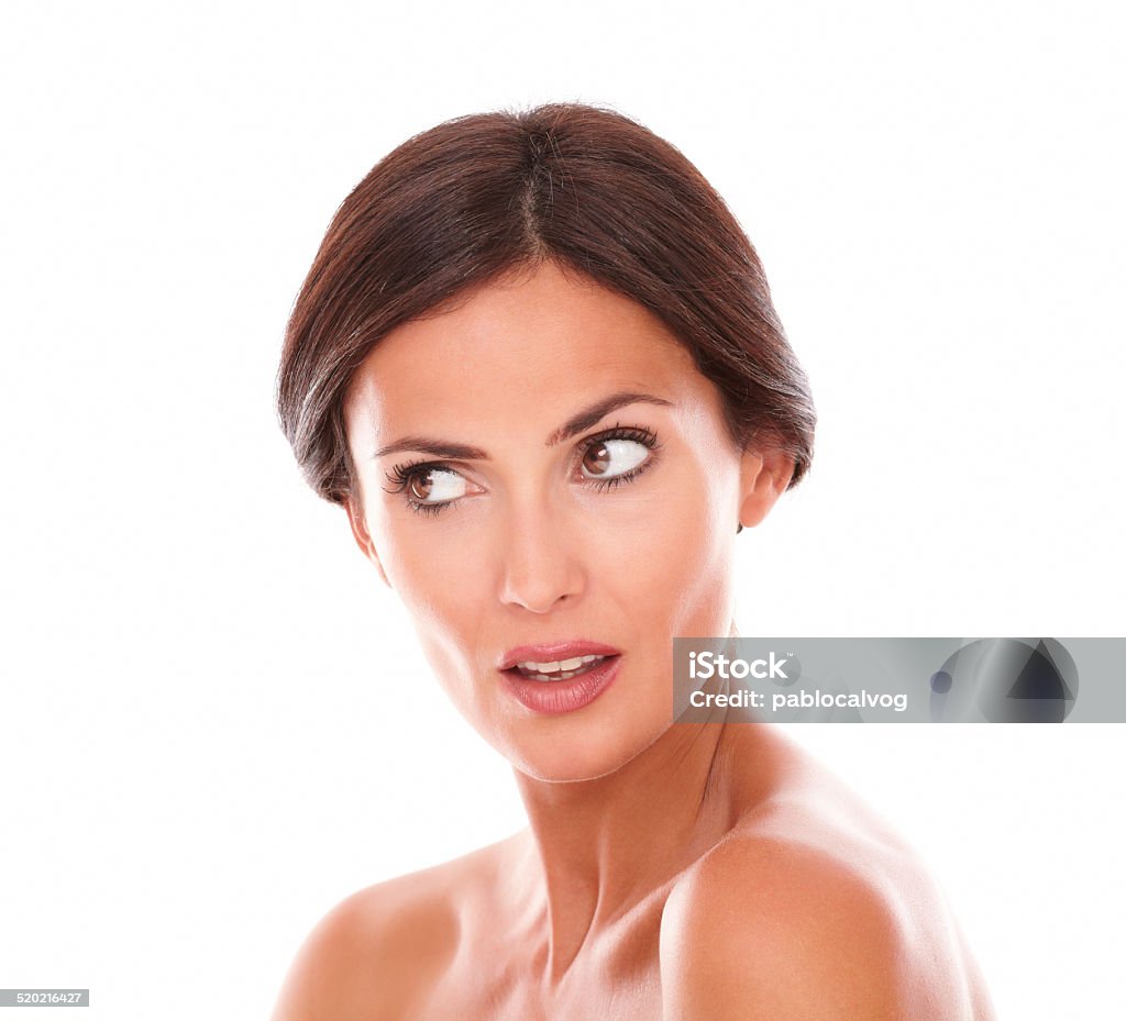 Pretty adult woman looking to her right Headshot portrait of pretty adult woman for body care product looking to her right with nude shoulders on isolated white background - copyspace 30-34 Years Stock Photo