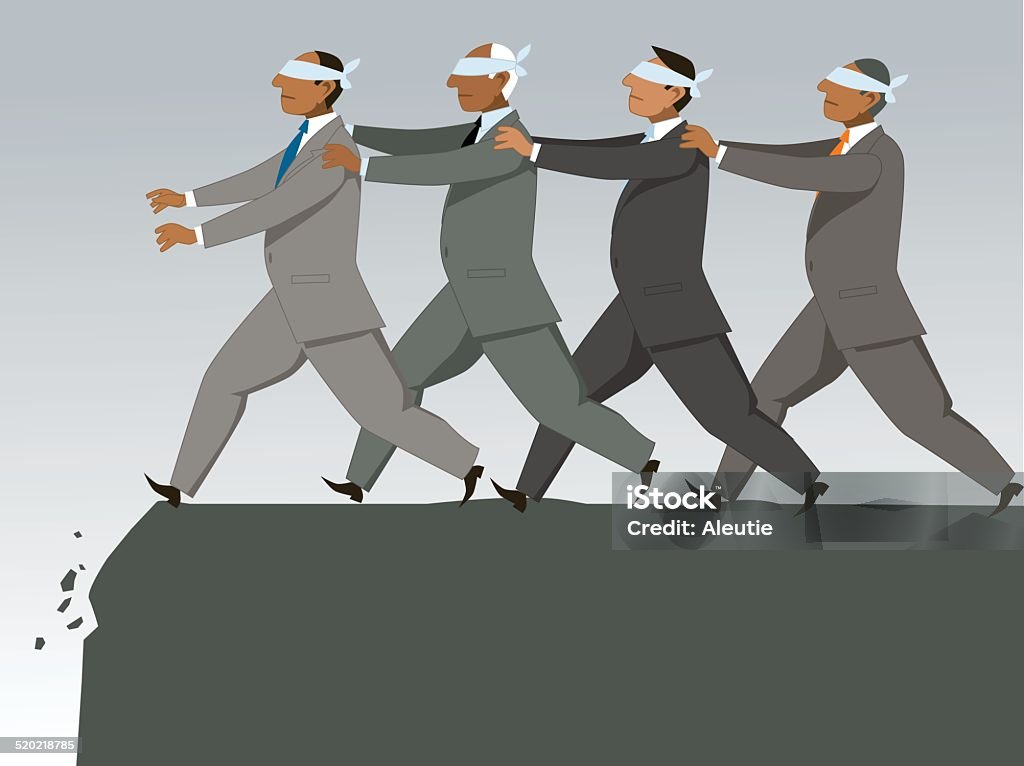 The blind leading the blind Group of blindfolded businessman follow each other to the cliff, vector illustration Norwegian Lemming stock vector