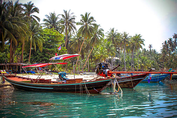 istock Beautiful beach with coconut trees and boats at Samui Island 520219679