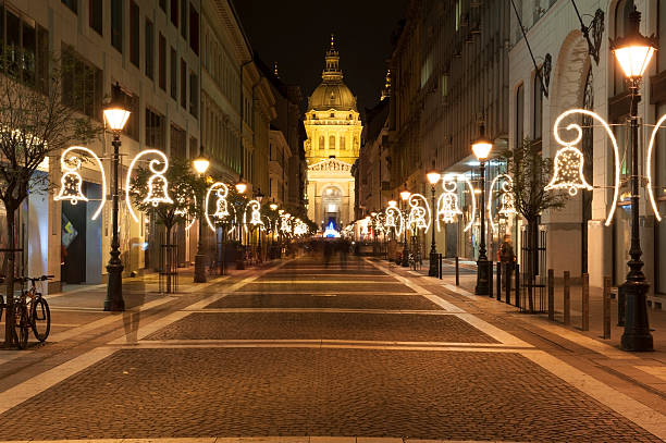Decorated Budapest street, near Basilica St. Stephen at Christmas time