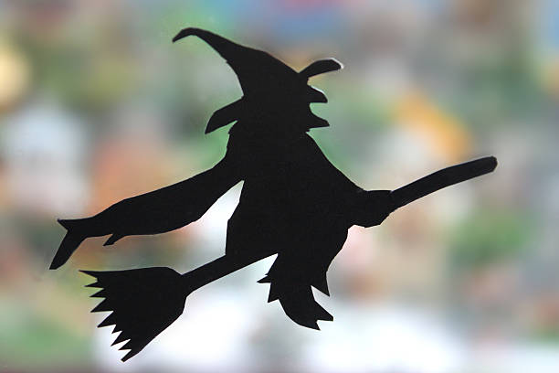Black witch silhouette, flying broomstick, blurred background leaves, halloween background