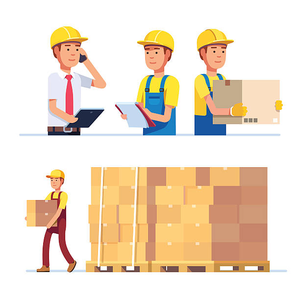 Warehouse and delivery workers Warehouse and delivery workers. Foreman, manager and delivery boy. Modern flat style vector illustration isolated on white background. superintendent stock illustrations