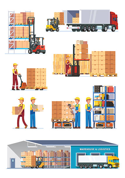 ilustraciones, imágenes clip art, dibujos animados e iconos de stock de logística colección de ilustraciones - warehouse distribution warehouse crate box