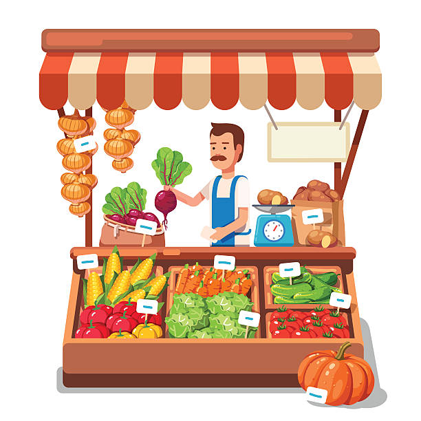 Local market farmer selling vegetables Local market farmer selling vegetables produce on his stall with awning. Modern flat style realistic vector illustration isolated on white background. farm clipart stock illustrations