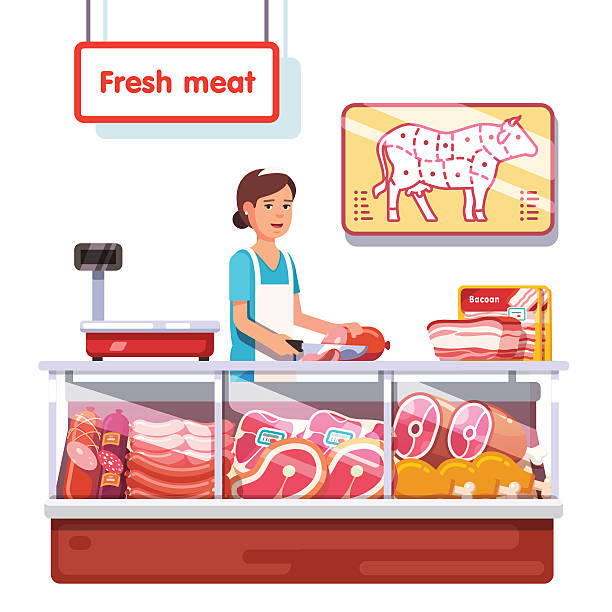 illustrations, cliparts, dessins animés et icônes de la viande fraîche tenez-vous debout dans un supermarché - meat steak raw market