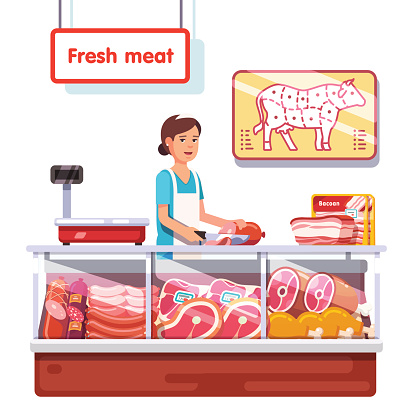 Fresh meat stand in a supermarket. Sales clerk woman worker slicing meat. Modern flat style realistic vector illustration isolated on white background.