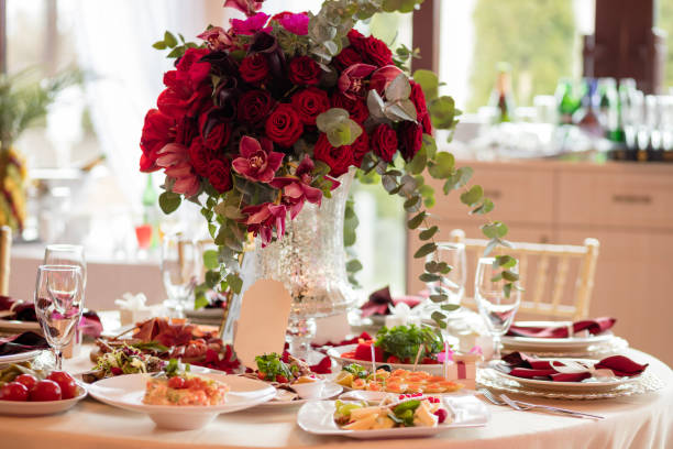 istock Beautiful flowers on table in wedding day. Luxury holiday background. 520224606