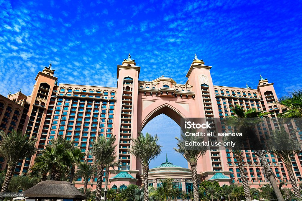 Atlantis hotel on Palm Jumeirah island, Dubai Dubai, UAE - November 20, 2013: Atlantis hotel on Palm Jumeirah island, Dubai. Atlantis resort is located on The Palm Jumeirah (Dubai), is where the world's largest aquarium and a tourist attraction.  Atlantis The Palm Stock Photo