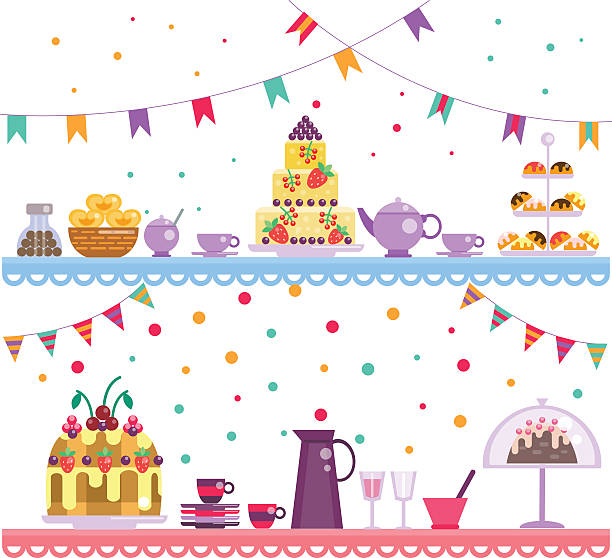 Birthday party. Cake and drinks Birthday party. Cake and drinks, sweets and dessert, teapot and cups on the table. children's party.  sugar bowl crockery stock illustrations