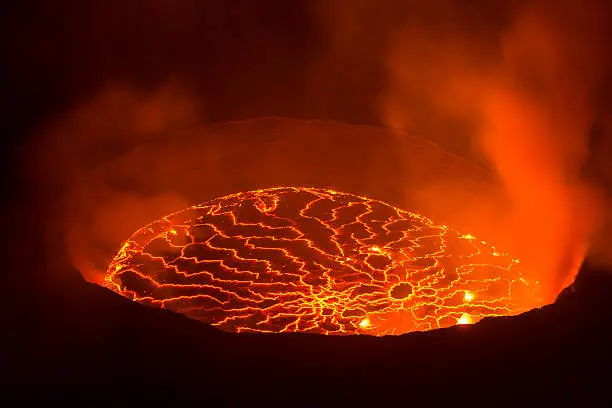 View into the lava lake inside the crater of Nyiragongo volcano – this is the largest lava lake on earth. 