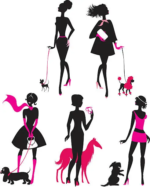 Vector illustration of black silhouettes of fashionable girls with their pets - dogs