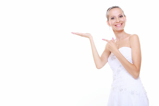 woman in wedding dress showing open hand palm with copy space for product or text. Isolated on white background