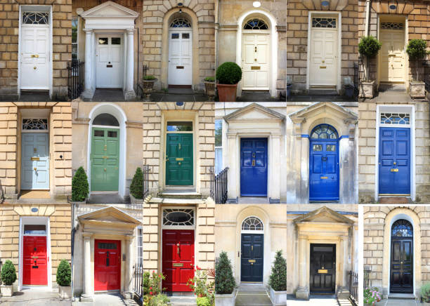 istock Image of multiple front doors collage / Georgian townhouse doors, colours 520241903