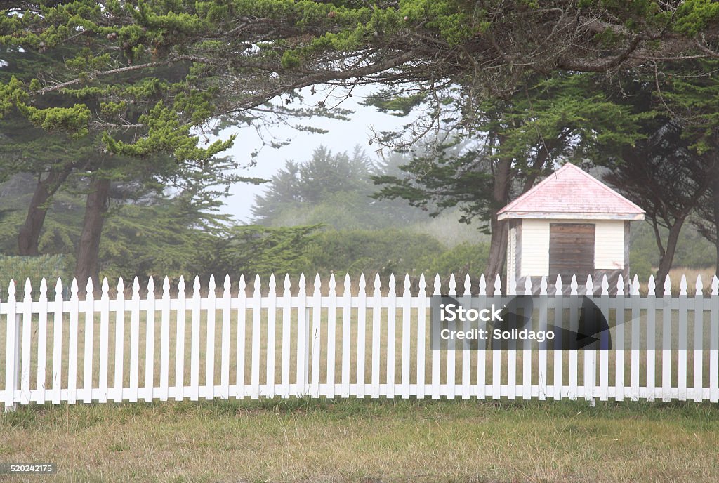 Picture Perfect White Picket Fence In The Mist White picket fence in California Coastal Mist.   Surrounded by trees. California Stock Photo