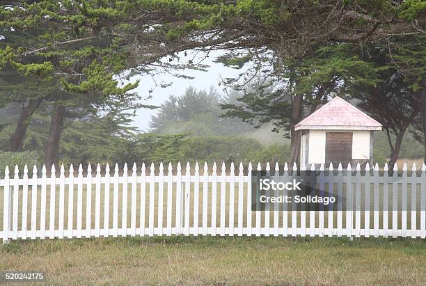 Picture Perfect White Picket Fence In The Mist Stock Photo - Download Image Now - California, Color Image, Fence