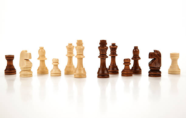 istock chess pieces lined up in a row on a gray 520243463