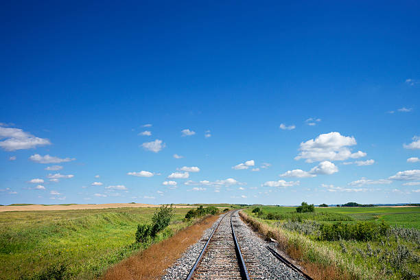 Railroad rails across the vast prairie landscape of North Dakota, USA.  Deep blue sky with soft clouds.