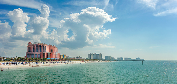 A look down the coastline of Clearwater Beach, Florida.  Taken from the Pier.