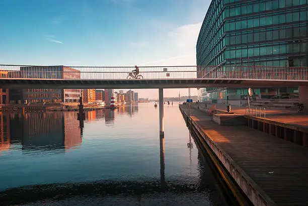 Bicycle bridge and modern buildings in Copenhagen