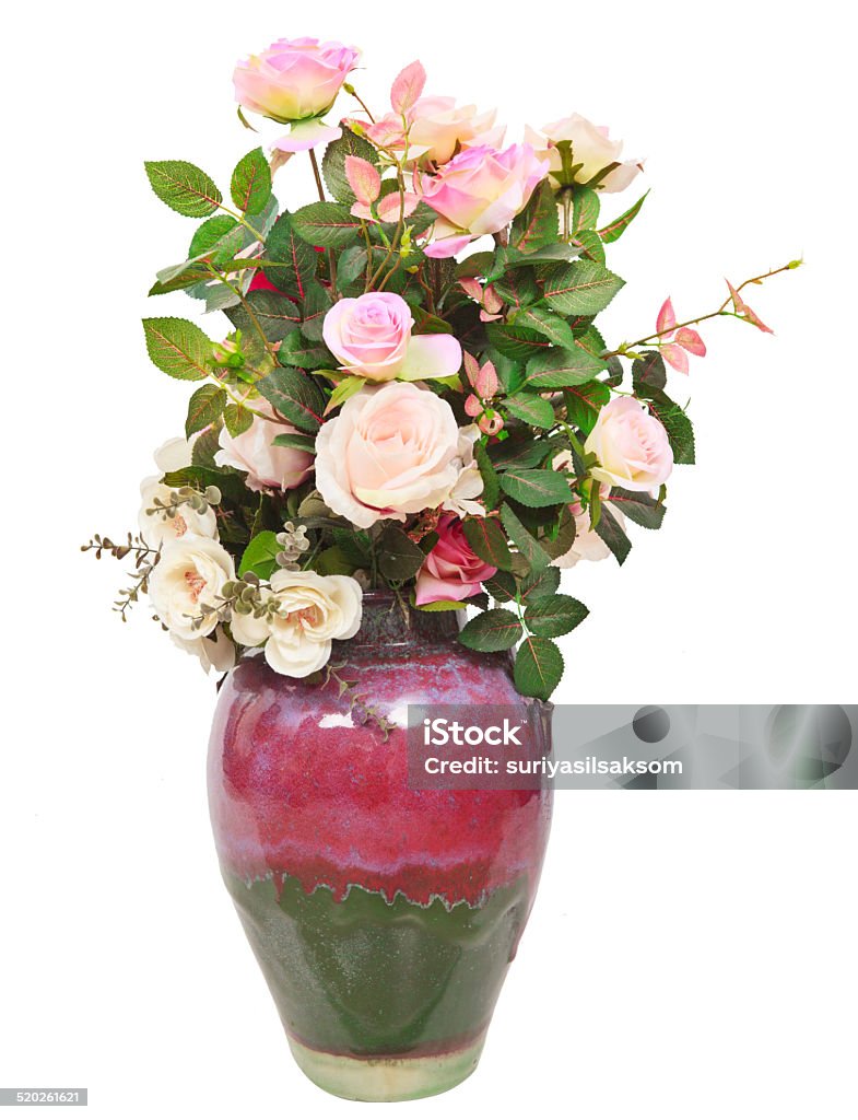 pink roses flowers bouquet arrangement in ceramic jug isolated white Arrangement Stock Photo