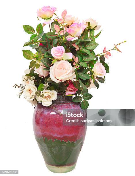 Pink Roses Flowers Bouquet Arrangement In Ceramic Jug Isolated White Stock Photo - Download Image Now