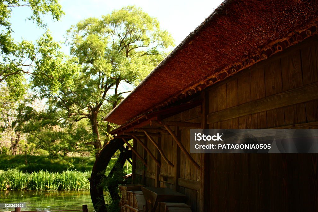 Water wheel shed 3 It is a piece that reflects the water mill next to the river where 100% spring water flows at Daio Wasabi Farm in Azumino, Nagano Prefecture, Japan. It is a wonderful scenery. Azumino Stock Photo