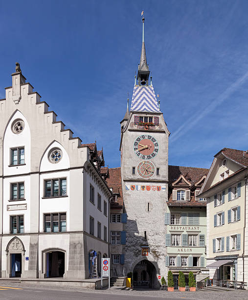Zug, Switzerland - 5 June, 2014: the Zytturm clock tower. Zug is a German-speaking city in Switzerland and the capital of the canton of Zug. The name \
