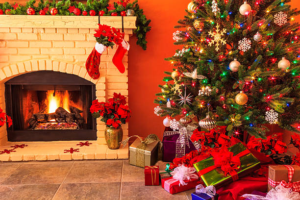 istock Christmas, Christmas tree, fireplace; ornaments; stockings 520263703