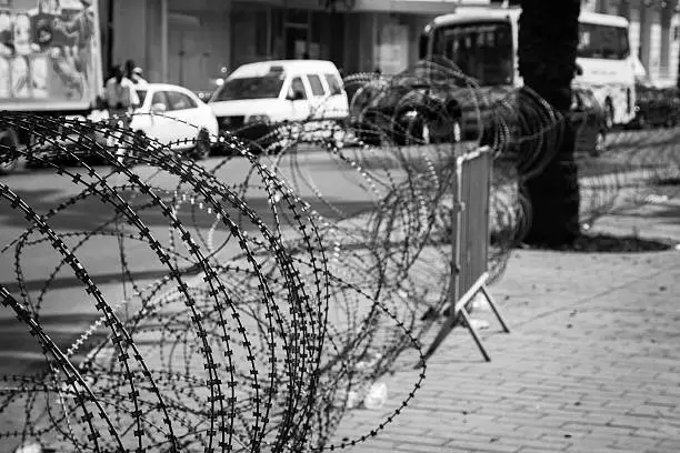 barbed wire on the streets of capital on Tunis city, Tunisia, Africa