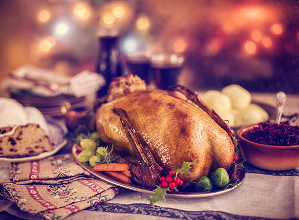 istock Traditional British Holiday Goose Dinner with Apples and Brussels Sprouts 520265841
