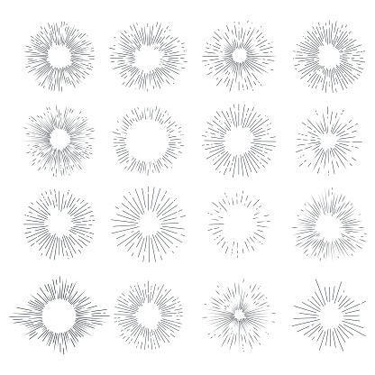 Designers collection of vector sunburst. Set for vintage design project. Style elements graphic template