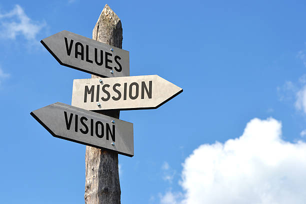 panneau en bois de valeurs, mission, notre vision - directional sign road sign guidance sign photos et images de collection