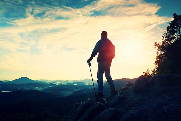 istock Tourist guide with pole in hand. Hiker with sporty backpack 520289900