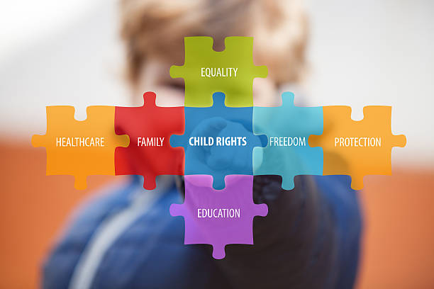 Rights of child. Child connecting child rights puzzle by pressing icons on digital virtual screen. Child rights concept. childrens rights stock pictures, royalty-free photos & images