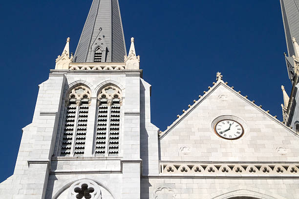 Temwaiku, Bonriki motu, South Tarawa Atoll, Kiribati: Church of Jesus Christ of Latter-Day Saints temple (Mormon) with its spire - the LDS church has a large presence in the Pacific, in Kiribati about 17% of the population practice the Mormon faith.