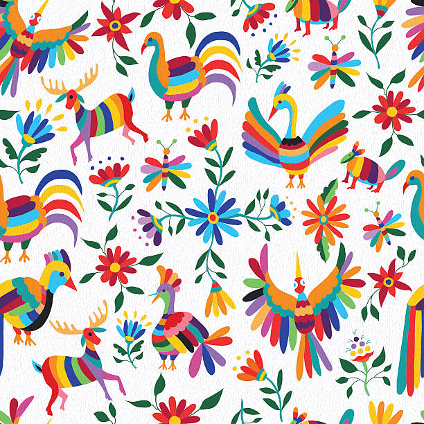 Mexican art pattern with animal and flowers Traditional mexican art background, seamless pattern of colorful wild animals and spring time flowers. EPS10 vector. mexico illustrations stock illustrations