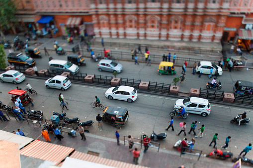 Tilt shift shot of a busy street in Jaipur, Rajasthan, India.