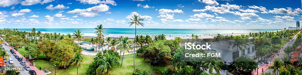 Ocean Drive Panorama A Panorama of the world famous Ocean Drive and art deco district of Miami's South Beach. Beach Stock Photo